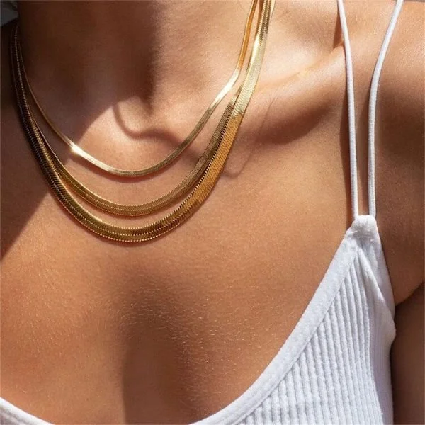 Gold and Silver, Unisex Stainless Steel 50K Gold Plated Herringbone Snake Chain, Available in Multiple Sizes. gold 5mm50+5CM