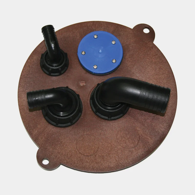 Connection cap for holding tanks / grey water tanks Nuova Rade Diablo Easy Switch, Ø38 mm (filling), Ø16 mm (vent), Ø10 mm (outlet), plastic, brown, 