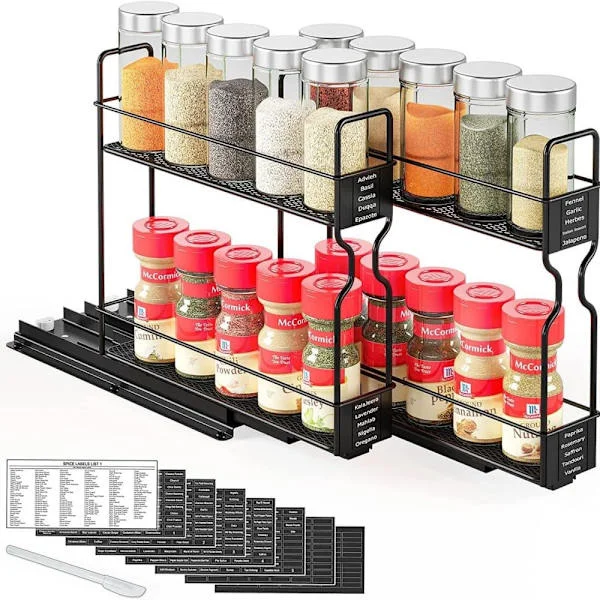 2-Tier Spice Rack for Cabinets - Heavy Duty Pull-Out Design with Labels, 13 cm Wide x 27 cm Deep x 25 cm High (Jars Not Included)_TF_TF