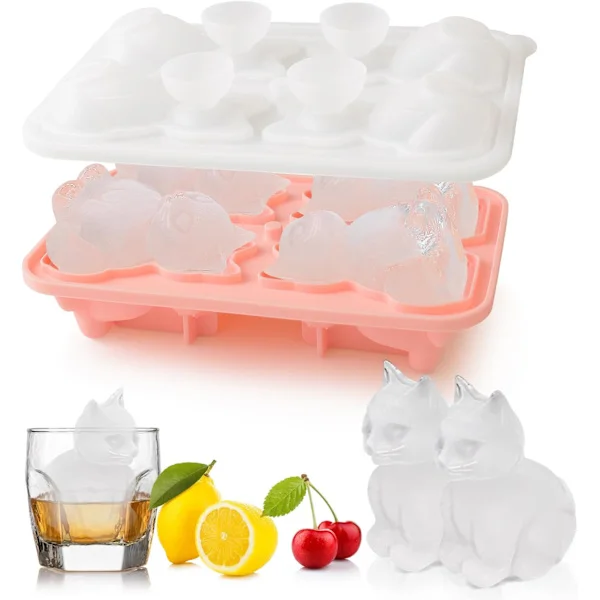 3D Katte-isterningform Silikone Stor Isterningbakke med Låg til Cocktail Whiskey Bourbon, Sjove Former Isterningbakker til Fryser, Store Isforme Sød 