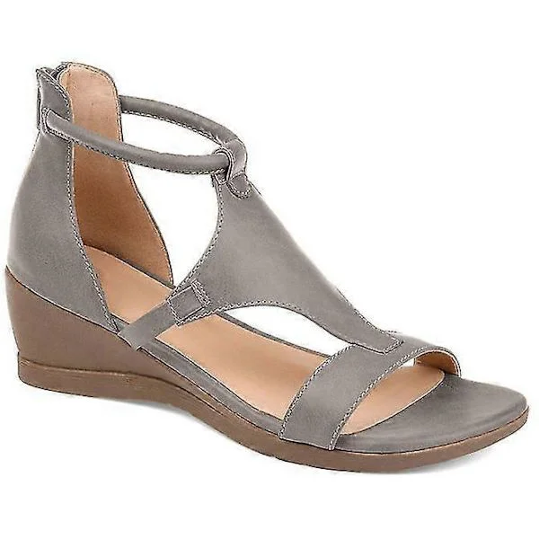 Wedge Sandals Compatible with Women, Open Toe Leather Shoes, Mid Heel Zipper Summer Casual Sandals Gray