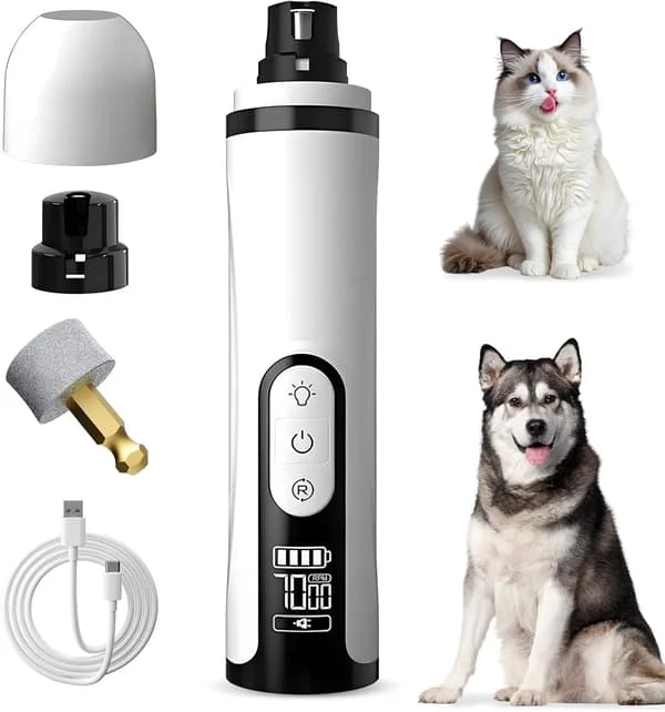 Opgraderet Trådløs Neglefil til Hund og Kat med LED-lys og 3 Hastigheder, Negleklipper til Hund og Kat med 2000mAh Langtidsholdbart Batteri til Tykke 