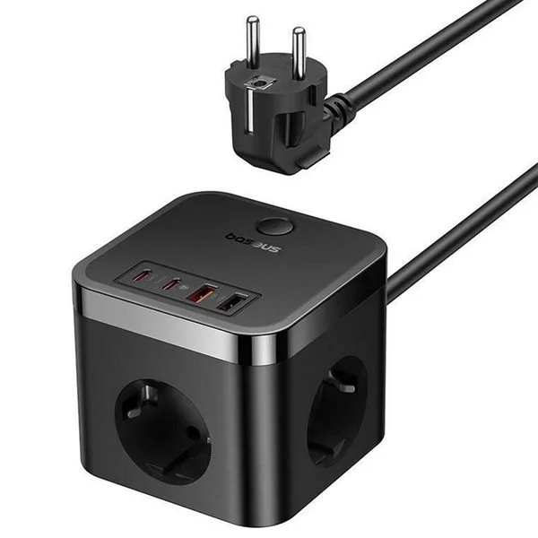Baseus PowerCombo Cube – Ladestasjon med 2x USB-C, 2x USB-A, 3 Schuko og 30W Hurtiglading