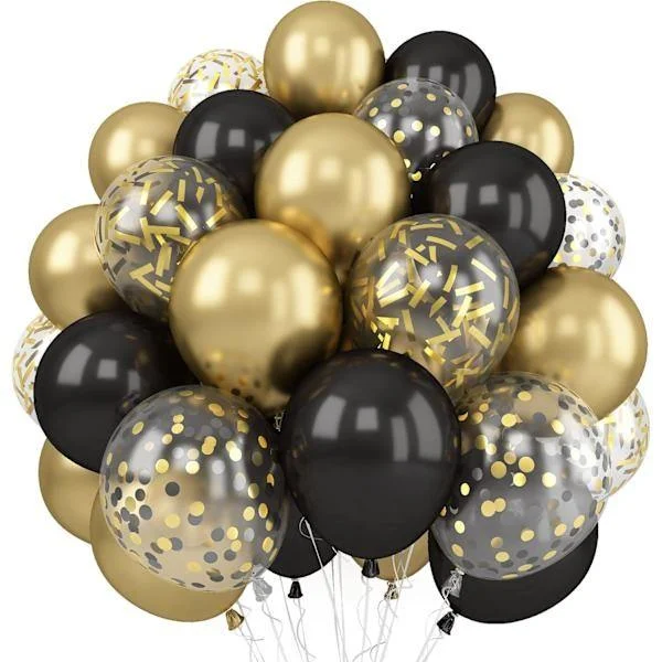 Balloner Sort Guld, 60 Pak 12 Tommer Metallisk Krom Guld Sorte Latex Balloner Med Guld Konfetti Ballon til Fødselsdag Bryllup