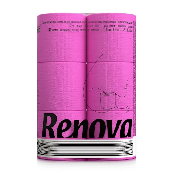 Rosa Toalettpapper Renova Parfymerad 16,1m 3-Lagers 140 Ark 6 Rullar