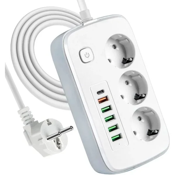 Grenuttag med USB, 3-vägsuttag med 5 USB-portar och 1 USB-C för skrivbord med strömbrytare, 2 meter förlängningskabel, A