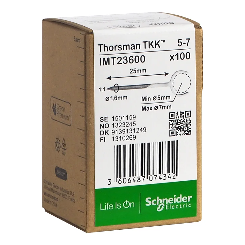 Schneider Electric IMT23600 Klammer spik, 100-pack, rund kabel 5-7, 1,6x25 mm, Installationsmaterial