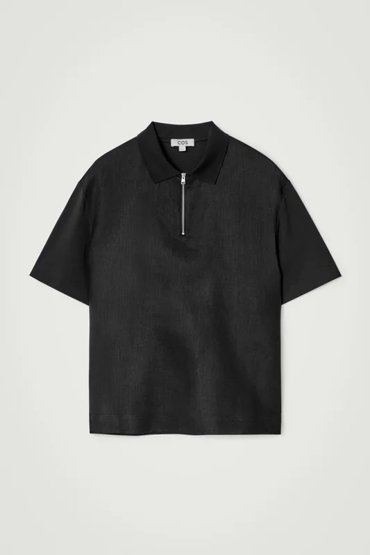 COS Men's Contrast Panel Linen Half Zip Polo Shirt in Black