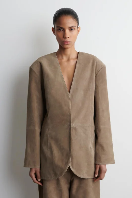 COS Women's Collarless Suede Blazer in Beige