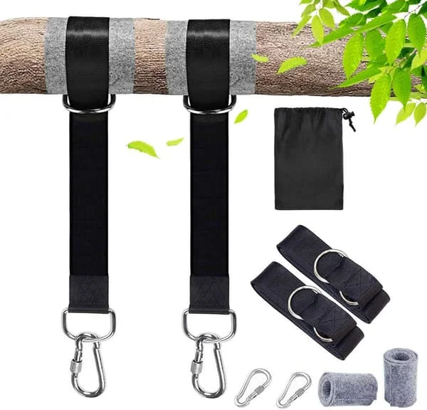 Trädgunga Upphängningsremmar Kit, Utomhus 1,5m Gungremmar, Håller upp till 500kg, 2 Kraftiga Låskarbinhakar, 2 Trädskydd, 2 Gungremmar, Snabbt & 