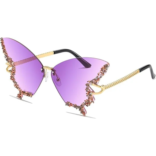 Women Rimless Sunglasses Butterfly Vintage-Retro Funky Colored Diamond Rhinestone Glasses Festival Rave 70s Party Sunglasses UV Protection