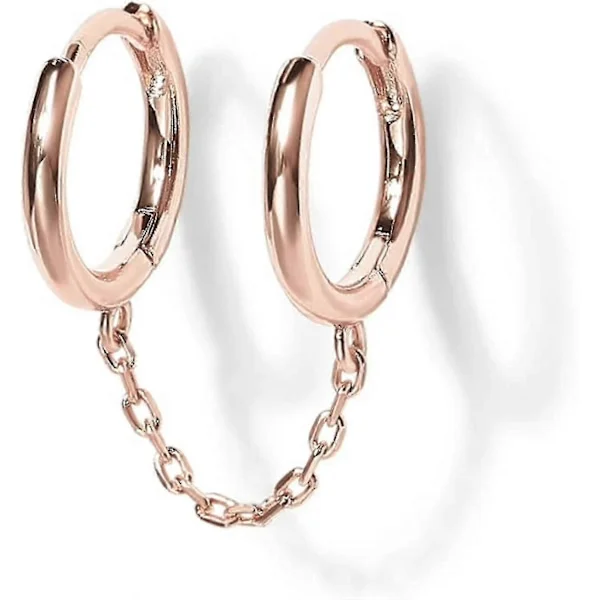 14k Guld Dobbelt Piercing Øreringe til Kvinder - Dingle Kæde Huggie Hoops med Cubic Zirconia Perler Perle Rosaguld