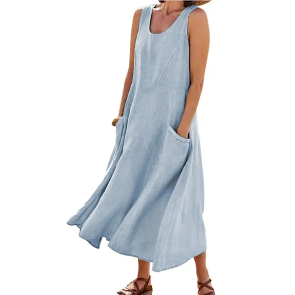 [RM]Women Solid Dresses Sleeveless Cotton Linen Dress Summer Blue