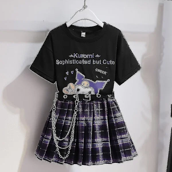 Sanrios Cartoon Kawaii Girls Vit T-shirt kostym Kuromi Söt sommar Kortärmad College Jk Uniform Kjol Barn Fashionabla kjol