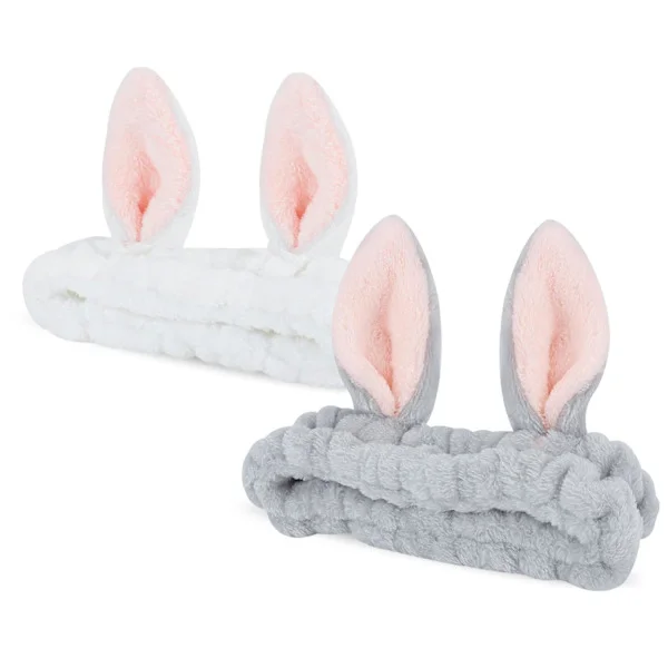 2 stk. kaninøre-spa-hårbånd Sklisikkert hårbånd Ansiktsvask og hudpleie-hårbånd Elastisk hårbånd Fleece-hårbånd for kvinner (hvit/grå)