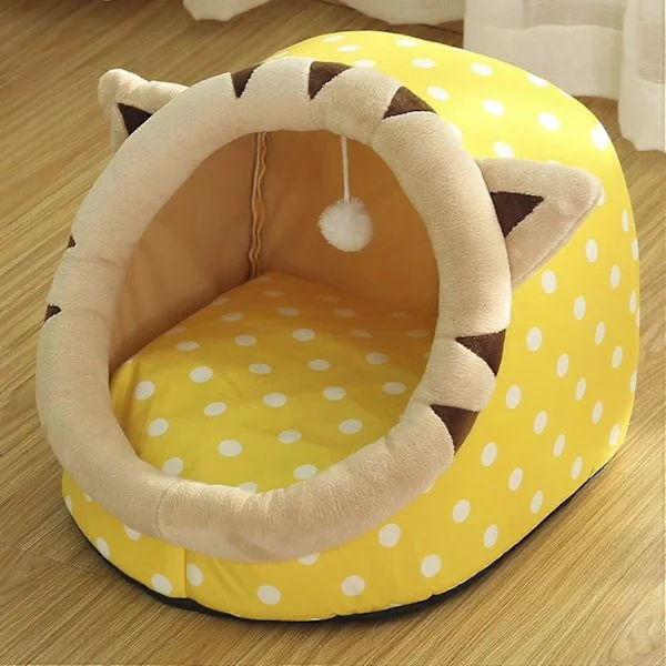Cat Cave Bed Cozy Pet Cave Bed for Puppy Kitten Rabbit Cute Cat Tent House with Hanging Ball Cat Tent for Small Cat with Removable Cushion (Yellow)