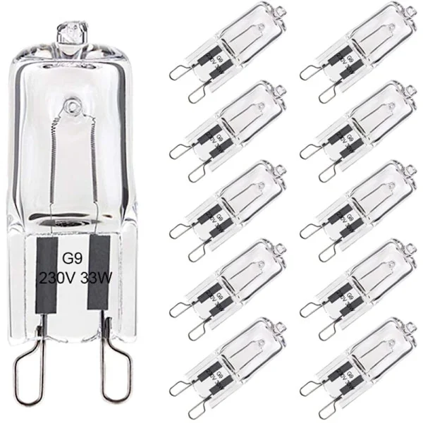 Förpackning med 10 G9 33W varmvita halogenlampor – 420lm – 220-240V – 300°C tolerans – För ugn och belysning i vardagsrum