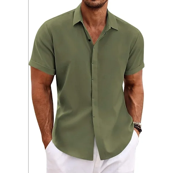 Hørskjorter til mænd Kortærmede afslappede skjorter Button Down skjorte til mænd Strand Sommer Grøn