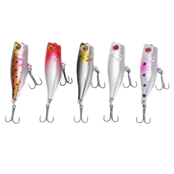5 st 4,5 cm/3,5 g fiskedrag bas hårda beten toppvatten poppers drag 3D-ögon verklighetstrogna simbeten för sötvatten saltvatten