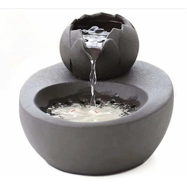 Water Fountain - Ceramic - With Vertical Lotus and Automatic Filter - Perfect for Cats and Pets - Black