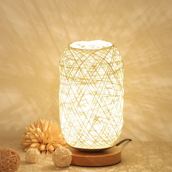 Modern bambu rotting sänglampa träbas modern bordslampa kreativ anpassad dekor dimbar LED-lampa vardagsrum sänglampa beige