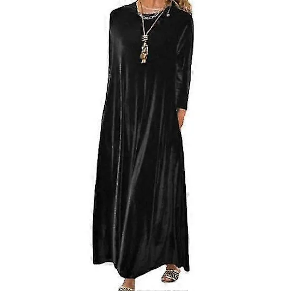 Autumn Spring Women Dress Round Neck Loose Solid Color Long Sleeve Sweater Soft Warm Casual Ankle Length Maxi Dress black