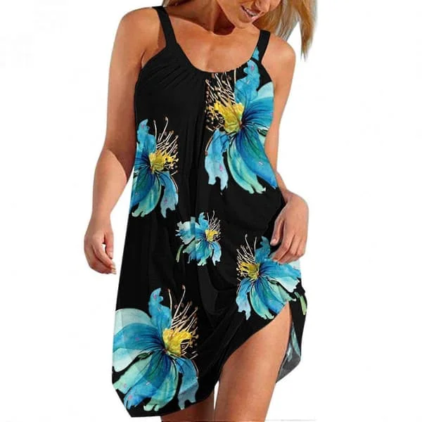 Ärmlös Blommig Klänning Casual Sommarklänning Mini Tank Klänning Dam Strandklänning Svart