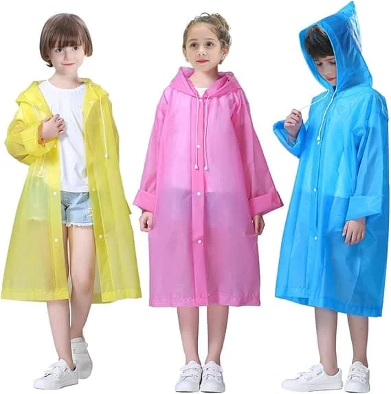 Regnkappa kapplängd 110cm * 55cm, [3-pack] Barn EVA återanvändbar regnjacka Unisex vattentät regnkappa nödkappa med herr och dam