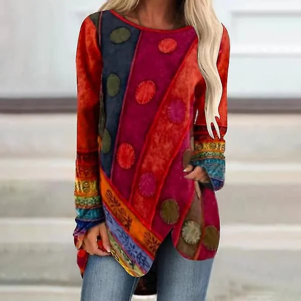 【BQ】Vintage Print Oregelbunden Topp Kvinnor Casual Långärmad Lös Oversize Tröja Rund Hals Topp Höst Röd
