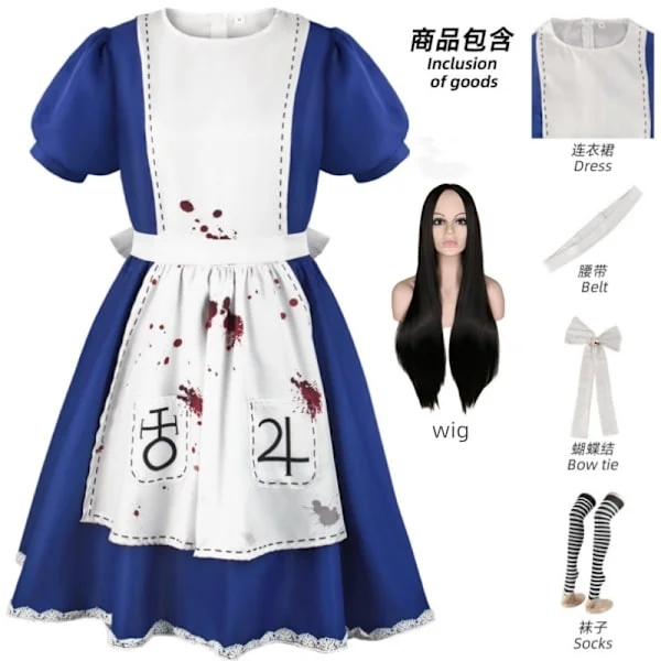 Alice Madness Returns Cosplay Kostume Alice Stuepige Uniform Voksen Kvinde Halloween Anime Pige Karneval Udklædningsfest MM[GKS] M kostume og paryk