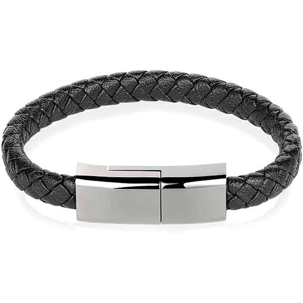 Nahkaranneke-laturi - Kudottu USB Type C -kaapeliranneke, kannettava lyhyt datakaapeli älypuhelimille (musta)