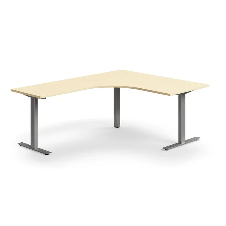 Desk QBUS, L-shaped, 1600x2000 mm, T-frame, silver frame, birch