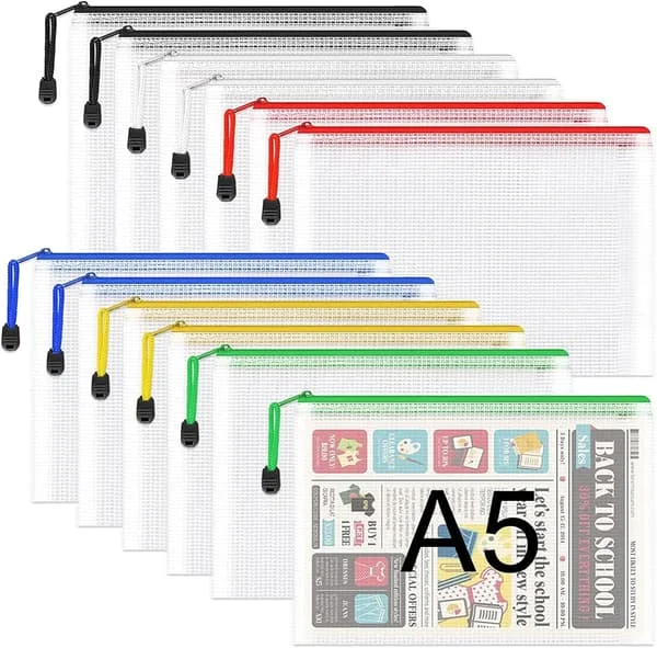 A5 plastfickor med dragkedja - 12 st A5 nätfickor med dragkedja i plast, dokumentfickor med dragkedja, reseförvaringsfickor för kontorsmaterial
