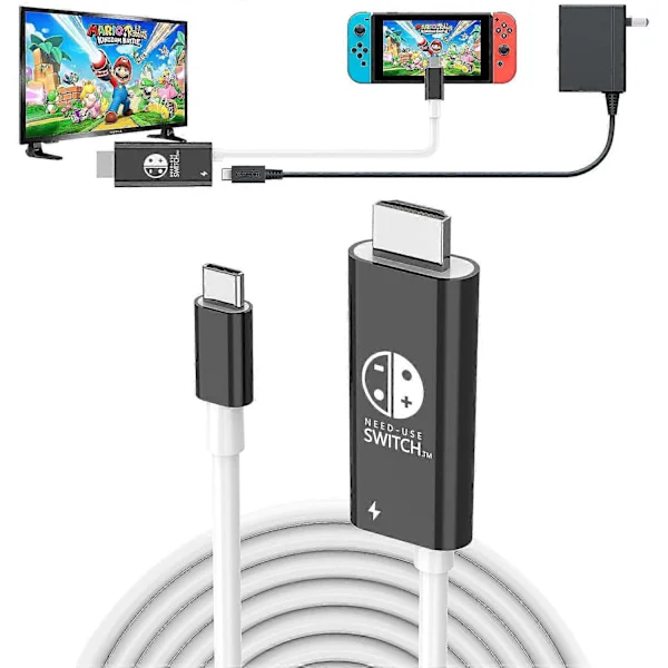 USB C till HDMI-kabel för Nintendo Switch/OLED, 3 i 1-kabel med 100W PD och 4K HDMI, Stöd för TV/Steam Deck/Laptop/PC, 2m Svart och Vit