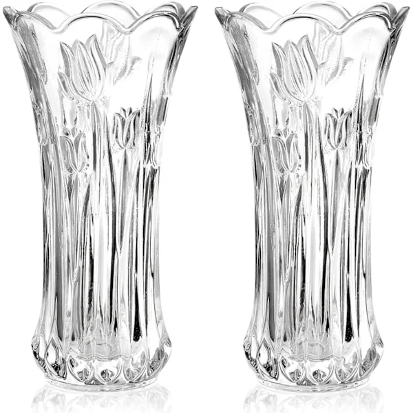 Sett med 2 glassblomstvaser, 9,5 tommer store blomstervaser for midtpunkter, moderne klar tykk krystall høy sylinder utvidet vase