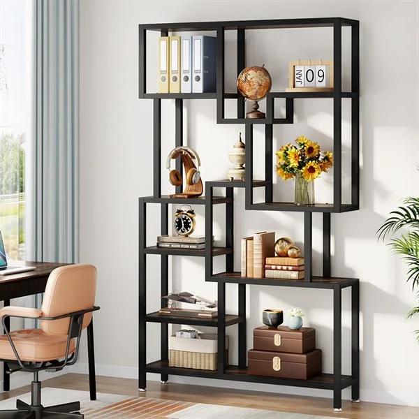 Industriell bokhylle med metallramme / industriell designbokhylle med åpne hyller / oppbevaringshylle i tre og metall