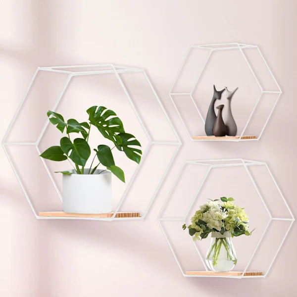 Hexagon Wall Shelves White Metal Set of 3, White Wall Shelves for Wall Decoration in Living Room, Bedroom, Bathroom, Cafe and Hotel