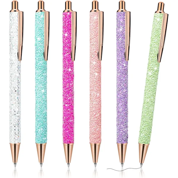 6 stk. Bling Glitter Metal Kuglepenne, Udtrækkelige Kuglepenne Søde Glitter 1,0 mm Sort Blæk Fin Spids Gave Skrivning Journalføring Studerende