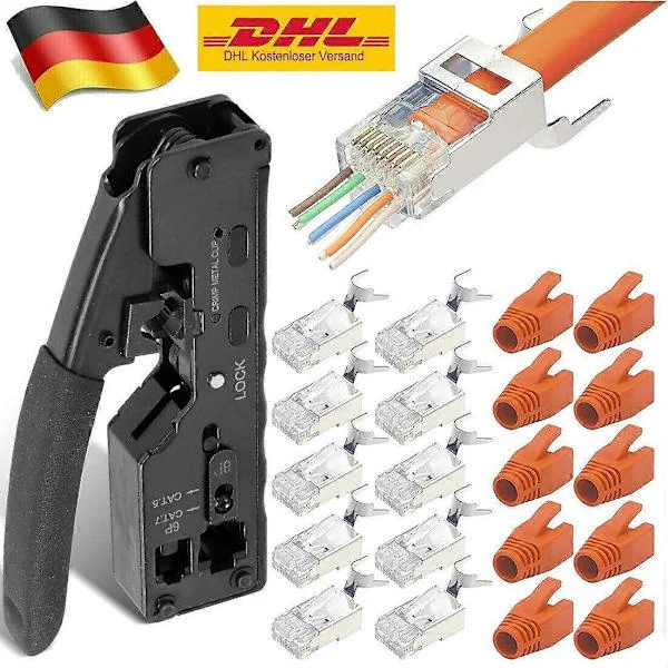[RM]RJ45 Krympetang + 10 Cat7-kontakter Sett Nettverksverktøy Lan-kabeltang Cat 7/6