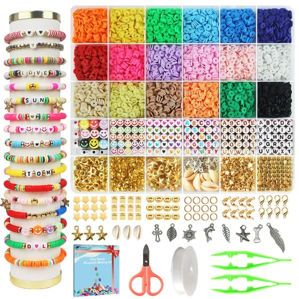 5300 stk. sæt til fremstilling af armbånd med lerperler, venskabsarmbåndssæt med flade perler til smykkefremstilling, polymer Heishi-perlesæt