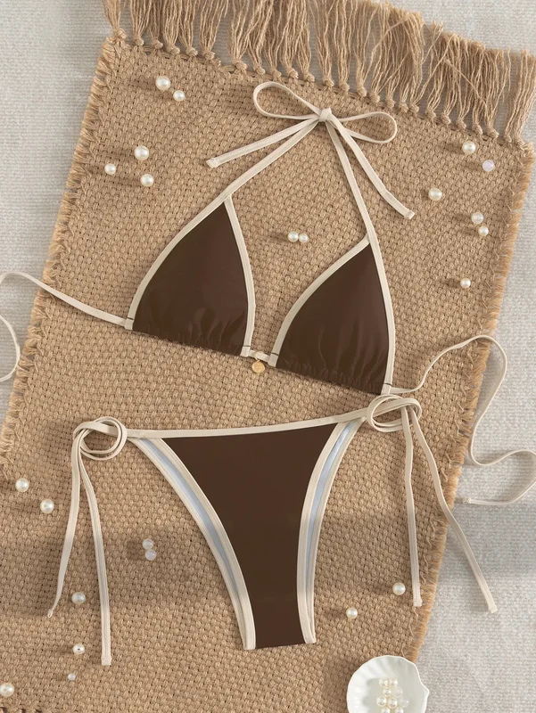 AliExpress - 2026 Neuankömmling Sexy Bikini-Set für Damen, zweiteiliger Badeanzug mit farbblockierendem Rand, seitlicher Kreuzrücken, Badebekleidung 