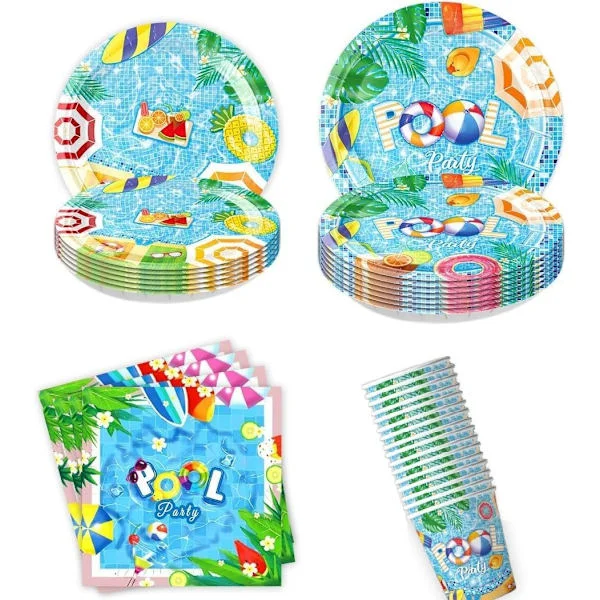 Servisset för poolparty, tillbehörsset för poolfödelsedagsfest, middagsservis för barnkalas, papperstallrikar, muggar, servetter för barnkalas B