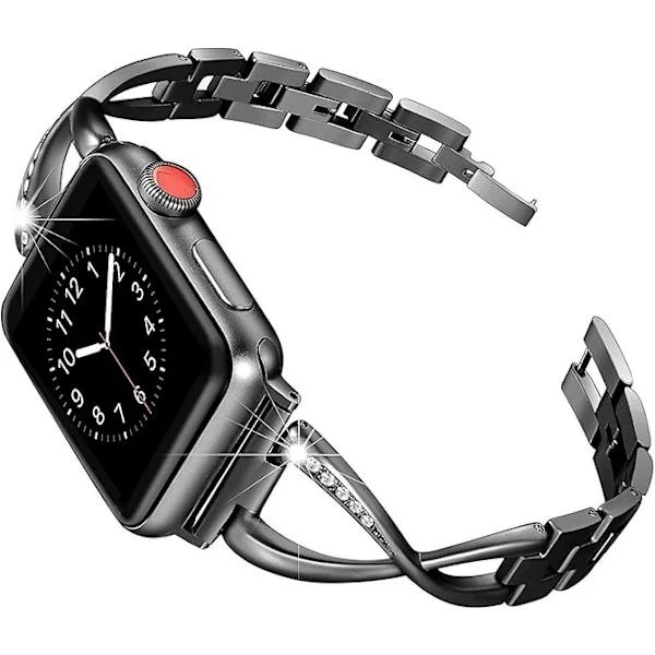 【BQ】Smyckesklockarmband för iWatch-armband Serie Kvinnor Kristall Diamant Armband Rostfritt Stål Band Svart Svart