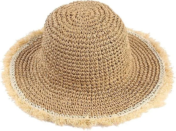 Dame Sommer Frynset Strå Bucket-solhatte Floppy Bred Skygge Strand Strå Bucket