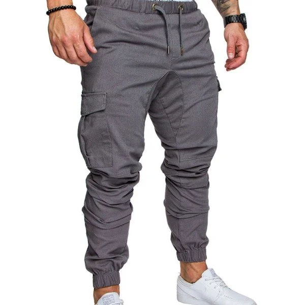 Men's Pocket Pants Casual Elastic Drawstring Long Trousers ZX Light Grey M