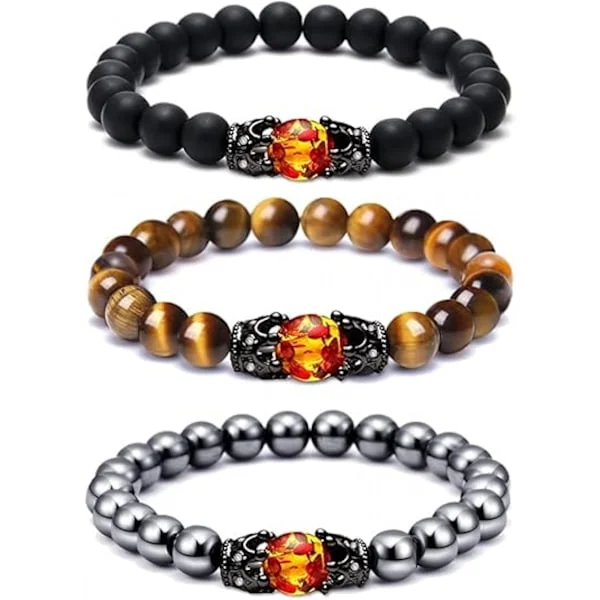 3 PC armbånd, Tigerøje Sten Armbånd til Mænd Kvinder, Sort Frostet