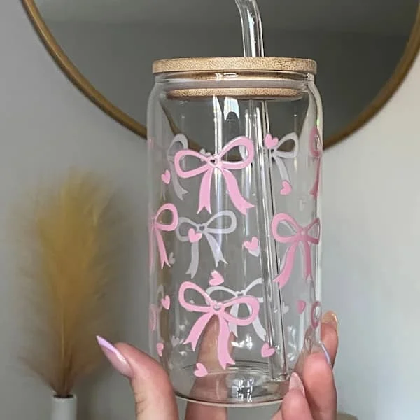 16 Oz Glass Mug with Lid and Straw, Reusable Heart and Bow Mug for Coffee, Milk, Juice, Beer, Pink 104