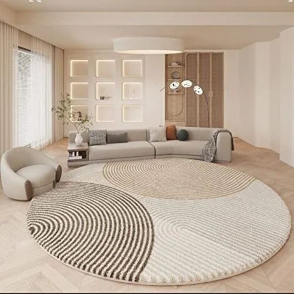 Rund matta, 160 cm, lång lugg, beige, vit, brun, kort lugg, mjuk, tvättbar, modern matta för vardagsrum, sovrum, barnrum,