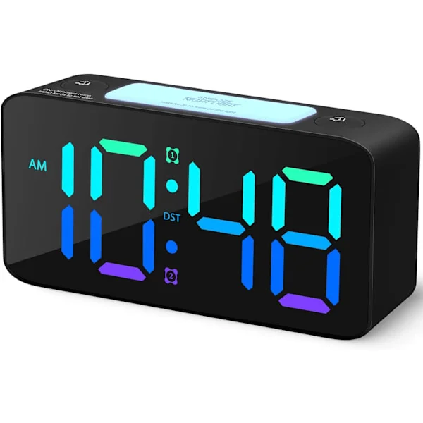 Ekstra Høy Vekkerklokke for Tunge Sovende Voksne, Digital Klokke med 7-farget Nattlys, Justerbar Volum, Dimmer, USB-lader, Små Klokker for Soverom