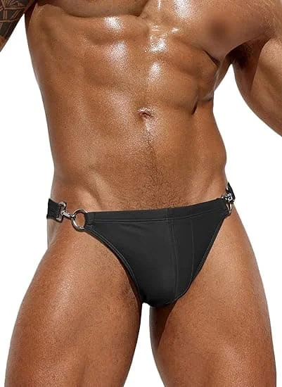 【BEMS】Mænds sexede badetøj bikini trusser skinnende metallisk Tanga G-streng med hoftedækning sort